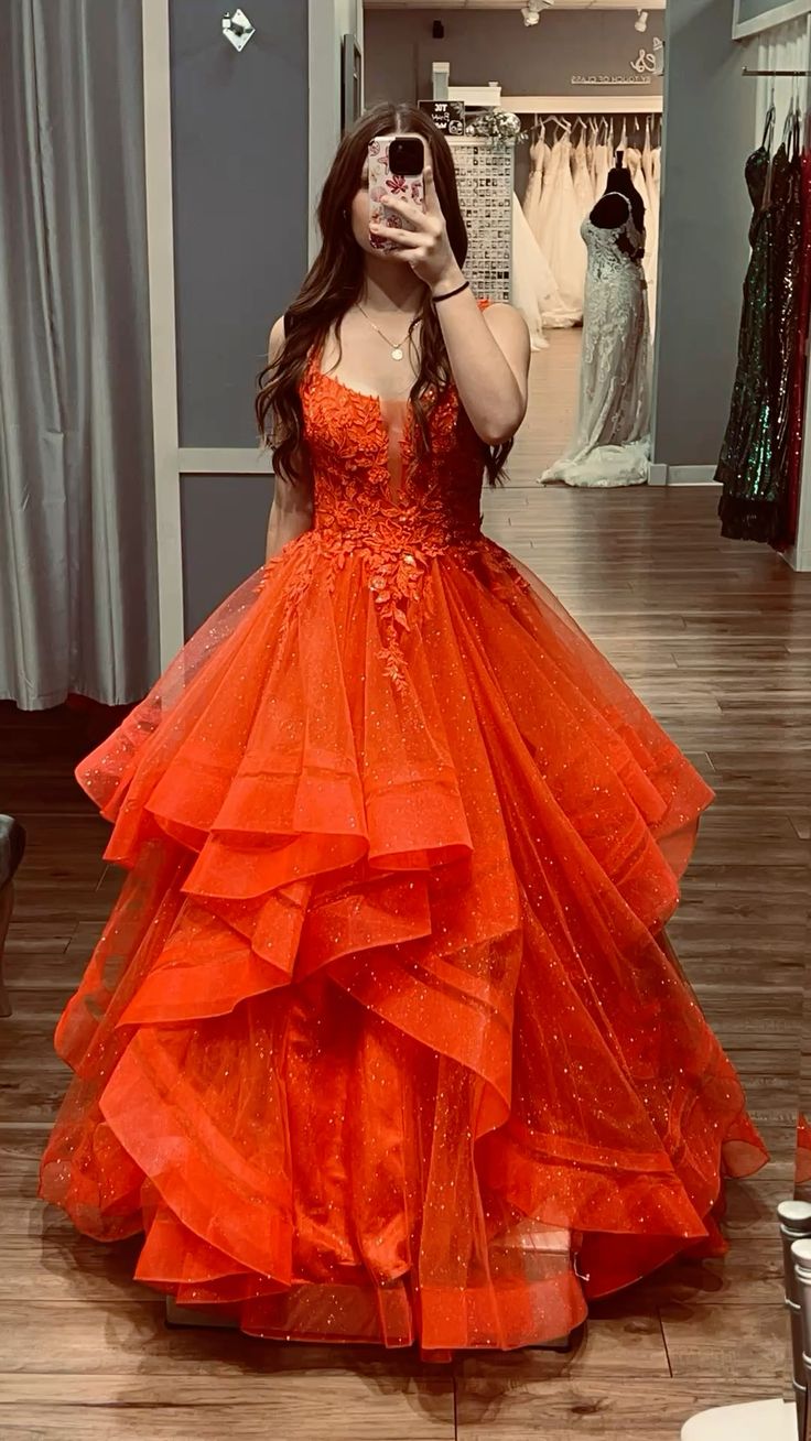 Gorgeous Orange A-line Ruffled Suspenders Lace Glitter Tulle Long Prom Dress Evening Dress - View 2 | VelvetHem