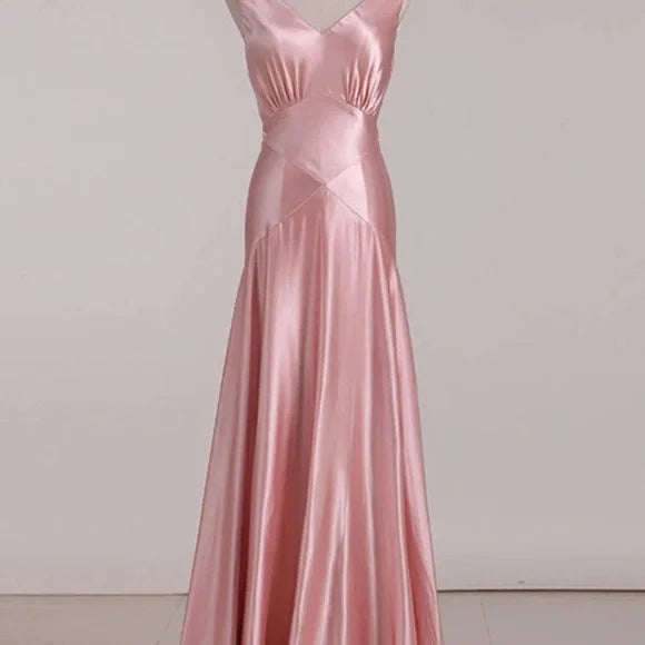 Simple Pink A-line Deep V Bow Backless Satin Long Prom Dress Evening Dress Bridesmaid Dress - View 2 | VelvetHem