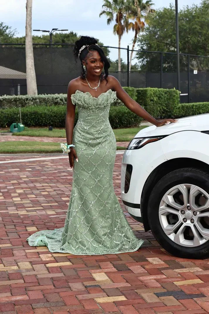 Gorgeous Light Green Mermaid Strapless Sequined Prom Dress Evening Dress - VelvetHem