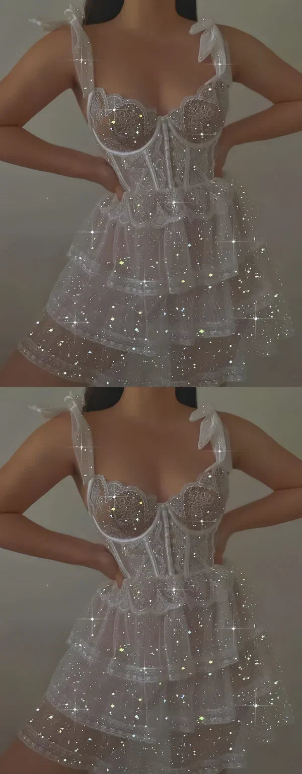 Sweet White Glitter Bow Strap Tulle A-line 16th Birthday Homecoming Dress - View 5 | VelvetHem