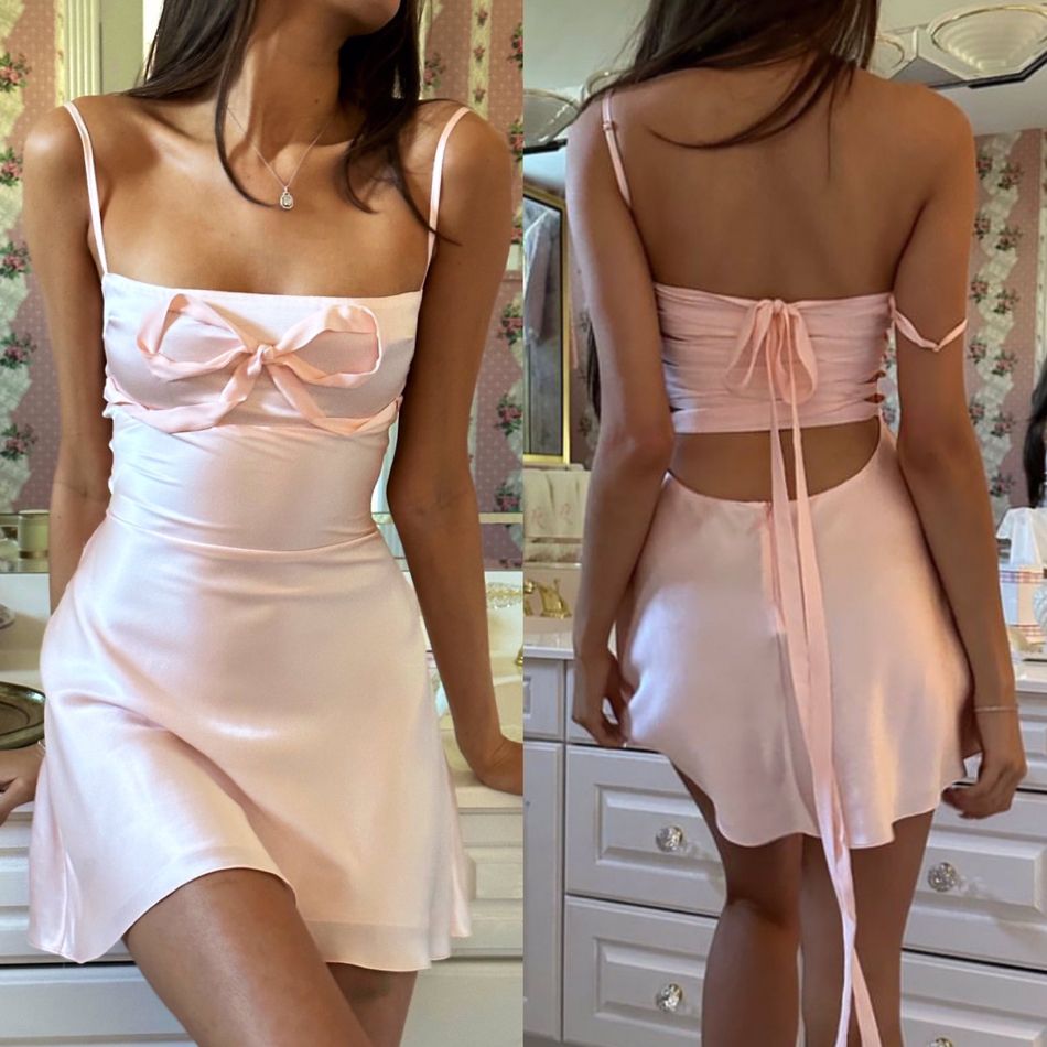 Sweet Light Pink Back Strap Satin Slim Fit 16th Birthday Homecoming Dress - View 5 | VelvetHem