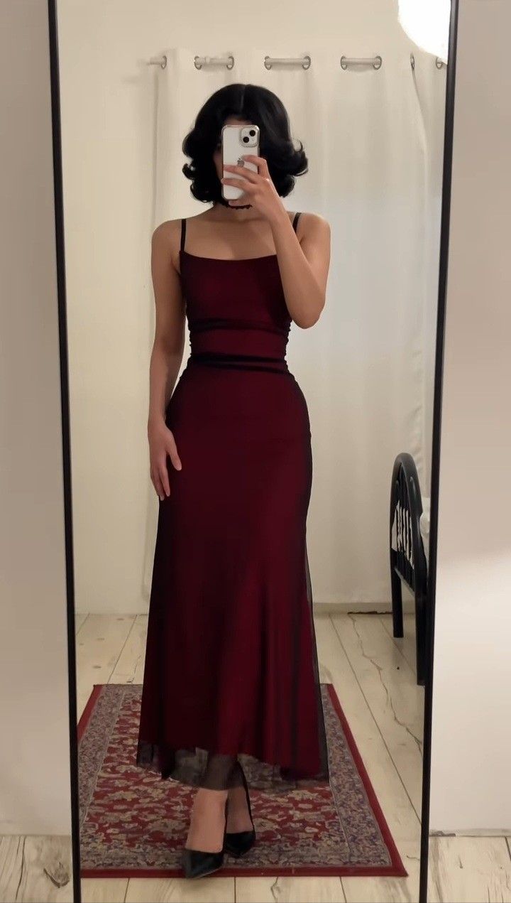 Simple Burgundy Mermaid Square Neck Halter Tulle Long Prom Dress Evening Dress - VelvetHem