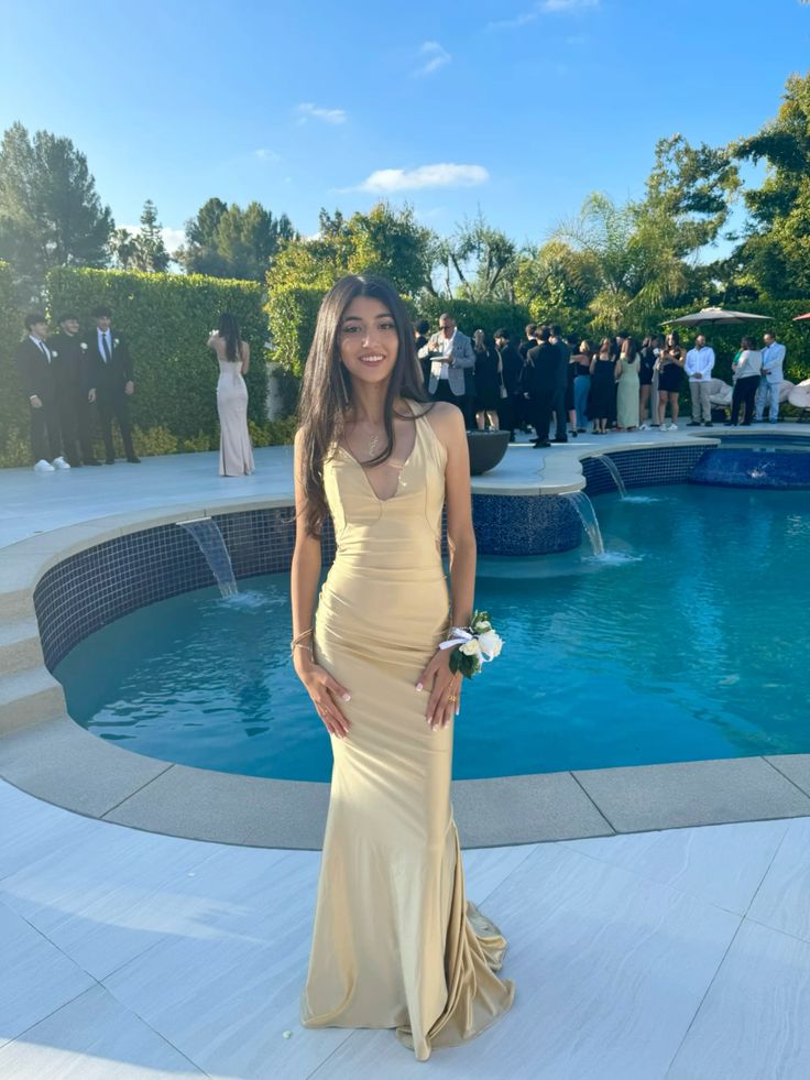 Elegant Champagne Gold Mermaid Halter Neck Backless Satin Long Prom Dress Evening Dress - View 2 | VelvetHem