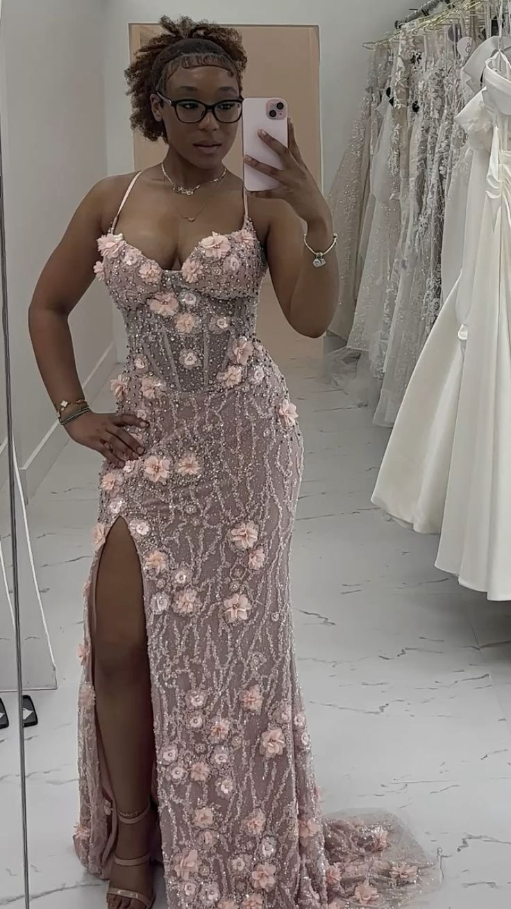 Elegant Pink Mermaid 3D Floral Bead Embroidery Sequin High Slit Long Prom Dress Evening Dress - View 4 | VelvetHem