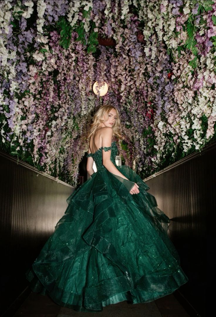 Dreamy Dark Green Off-shoulder Layered Tulle Ball Gown Evening Dress - View 3 | VelvetHem