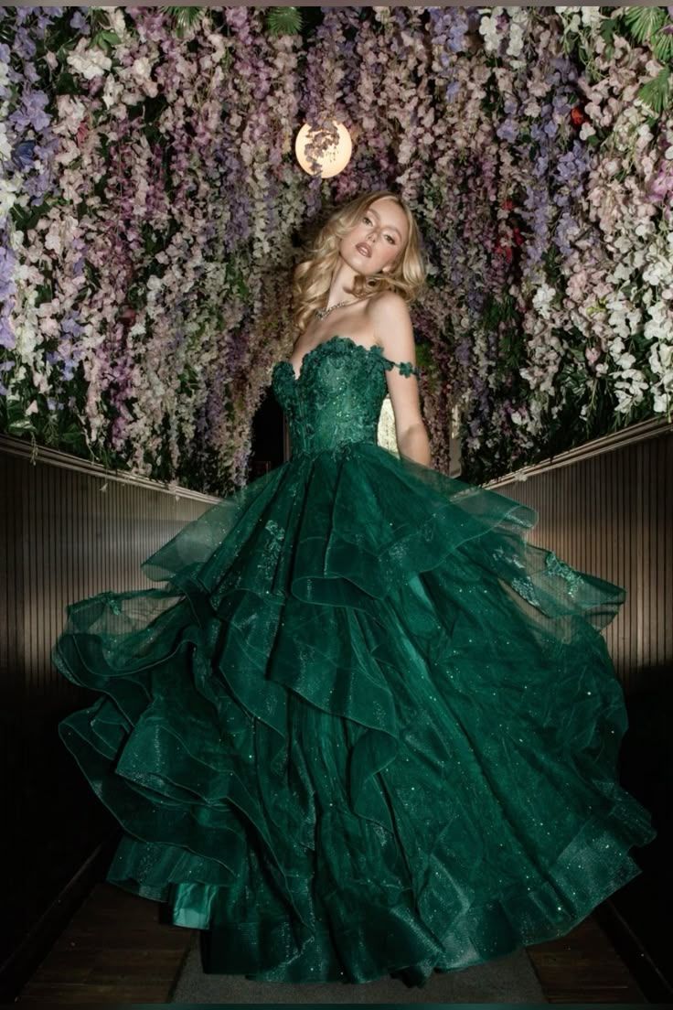 Dreamy Dark Green Off-shoulder Layered Tulle Ball Gown Evening Dress - View 4 | VelvetHem
