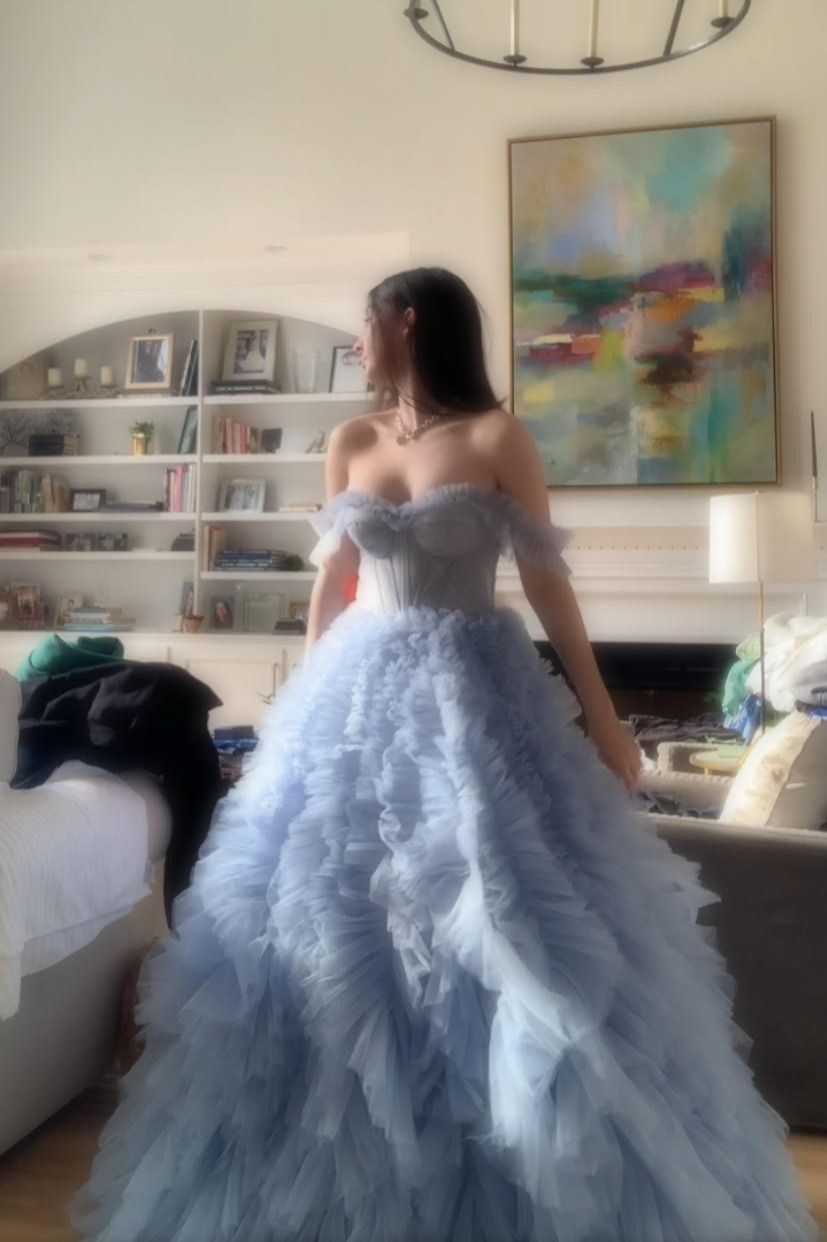 Fantasy Princess Light Blue Off-shoulder Layered Tulle Ball Gown Evening Dress - View 2 | VelvetHem