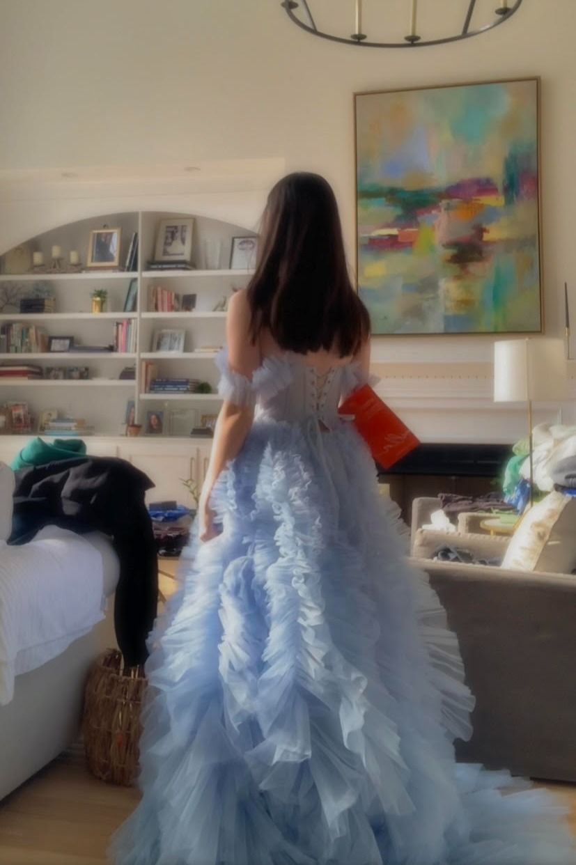 Fantasy Princess Light Blue Off-shoulder Layered Tulle Ball Gown Evening Dress - View 3 | VelvetHem