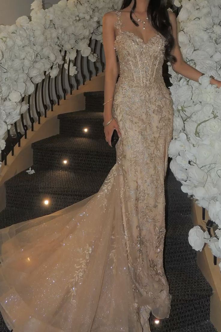 Elegant Champagne Mermaid V-neck Sequin Embroidered Slit Prom Dress Evening Dress
