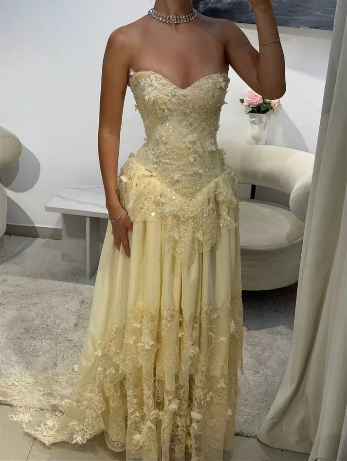 Vintage Yellow A-line Lace Train Prom Dress Evening Dress - View 2 | VelvetHem