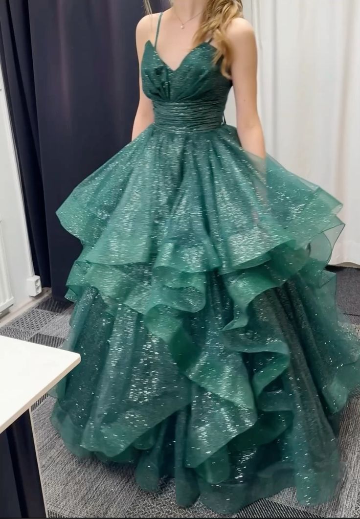 Shimmering Dark Green A-line Halter V-neck Ruffle Sequined Long Prom Dress Evening Dress - View 2 | VelvetHem