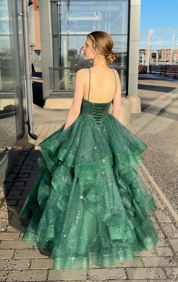 Shimmering Dark Green A-line Halter V-neck Ruffle Sequined Long Prom Dress Evening Dress - View 3 | VelvetHem