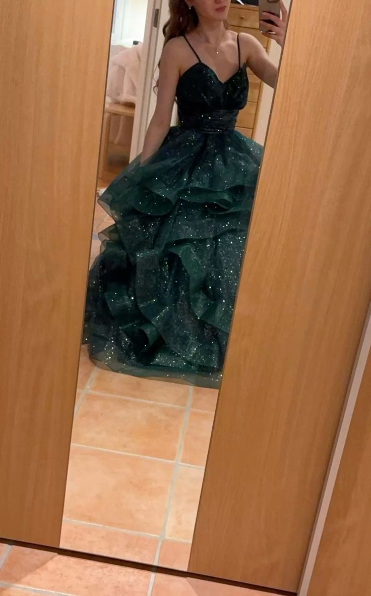 Shimmering Dark Green A-line Halter V-neck Ruffle Sequined Long Prom Dress Evening Dress - View 4 | VelvetHem