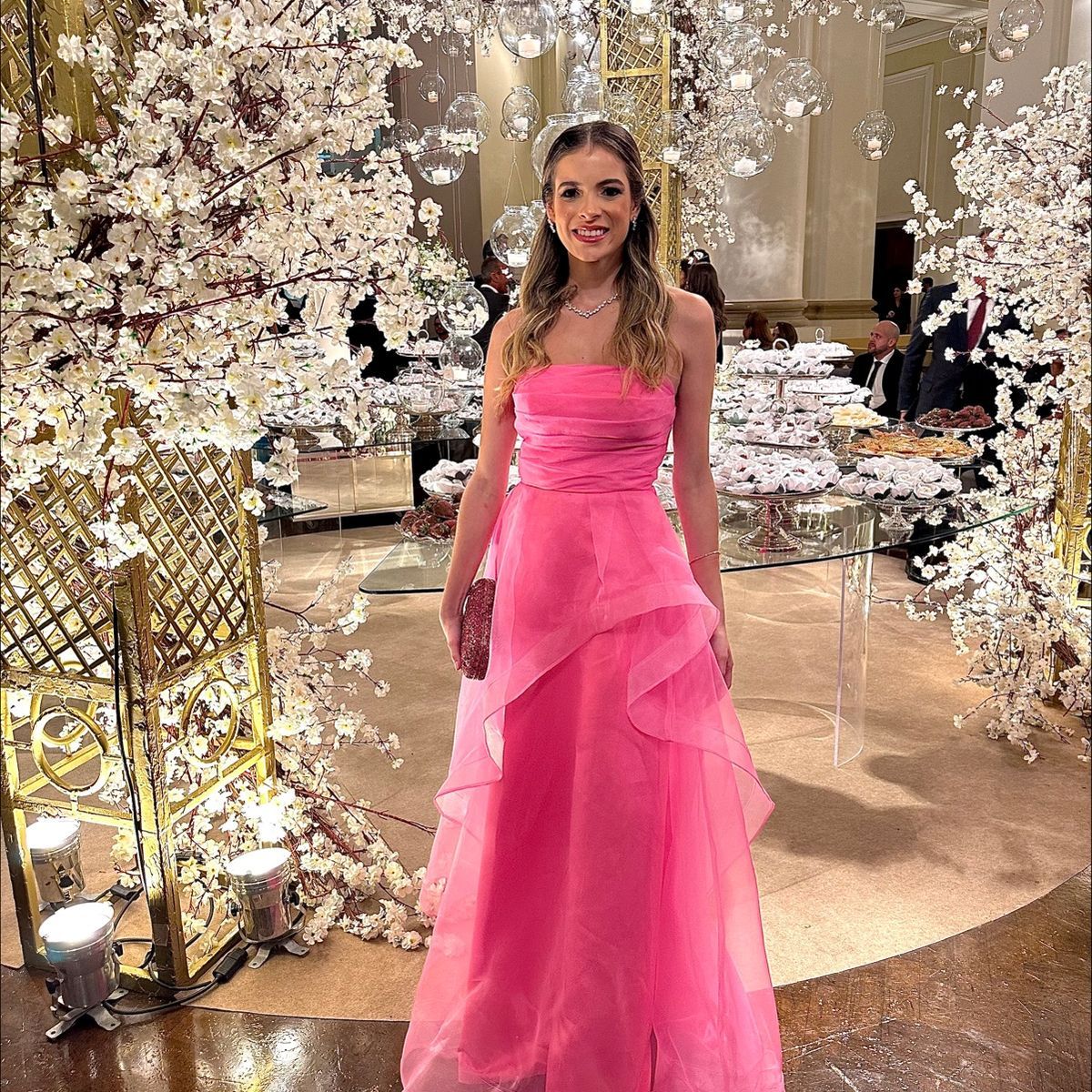 Elegant Rose Pink A-line Irregular Tube Top Organza Long Prom Dress Evening Dress - View 2 | VelvetHem