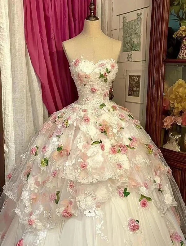 Dreamy Princess Strapless 3D Floral Lace Tulle Ball Gown Evening Dress Sweet 16 Dress - VelvetHem