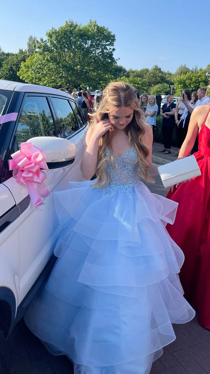 Sweet Light Blue A-line V neck Layered Tulle Long Prom Dress Evening Dress - VelvetHem