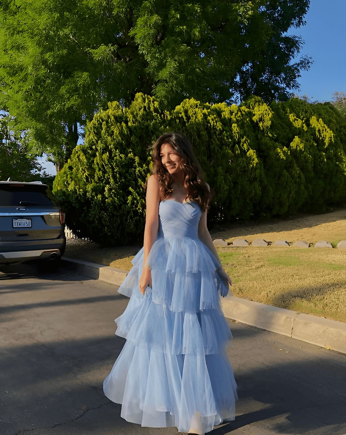 Elegant Blue A-line Strapless Layered Tulle Long Prom Dress Evening Dress Bridesmaid Dress - VelvetHem