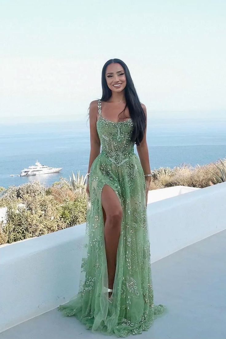 Luxurious Mint Green A-line Square Neckline High Slit Tulle Long Prom Dress Evening Dress