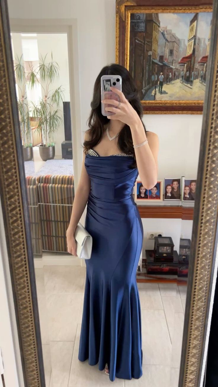 Elegant Navy Blue Mermaid Satin Long Prom Dress Evening Dress
