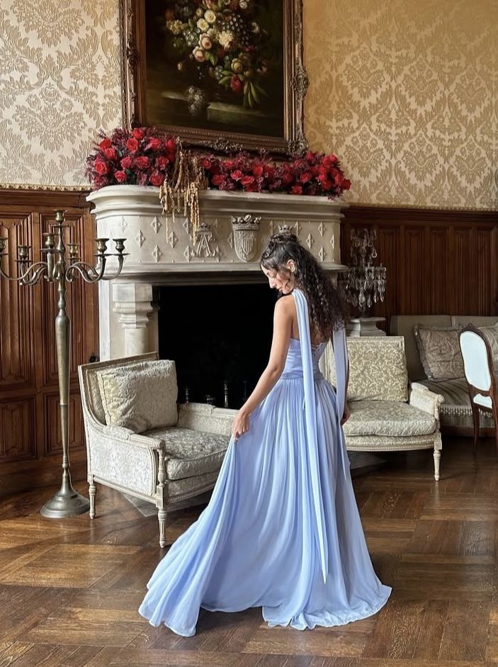 Elegant Blue A-line Strapless Chiffon Long Prom Dress Evening Dress - View 4 | VelvetHem