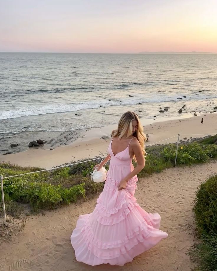 Fresh Light Pink A-line Multi-layered Cake Deep V Sling Ruffle Chiffon Long Prom Dress Evening Dress - View 4 | VelvetHem