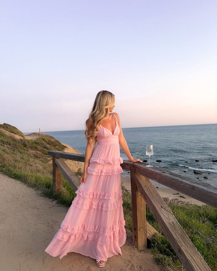 Fresh Light Pink A-line Multi-layered Cake Deep V Sling Ruffle Chiffon Long Prom Dress Evening Dress - View 5 | VelvetHem