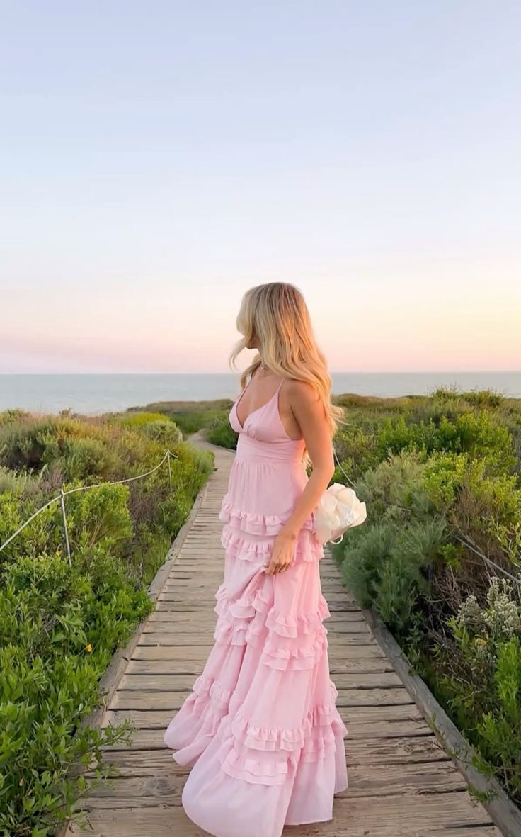 Fresh Light Pink A-line Multi-layered Cake Deep V Sling Ruffle Chiffon Long Prom Dress Evening Dress - View 7 | VelvetHem