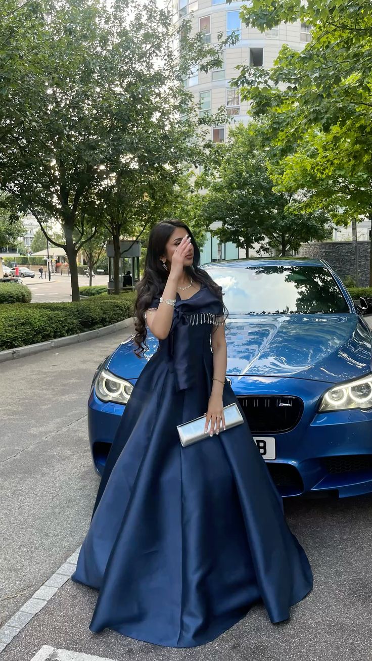 Elegant Navy Blue A-line Tassel Satin Long Prom Dress Evening Dress - VelvetHem