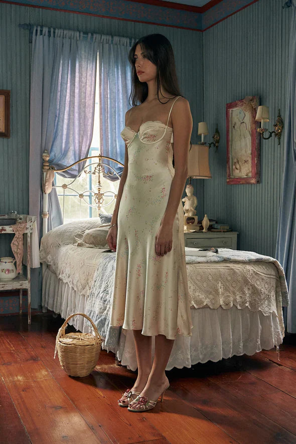 French Retro Ivory Floral Slim Spaghetti Strap Satin Tea-length Prom Dress Evening Dress - View 5 | VelvetHem