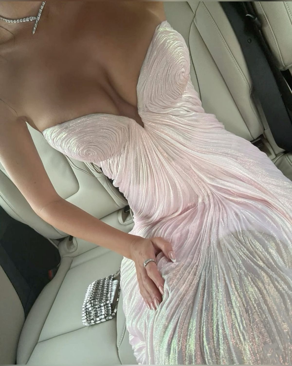 Gorgeous Pale Pink A-line Deep V Strapless 3D Pleats Sequins Long Prom Dress Evening Dress - VelvetHem