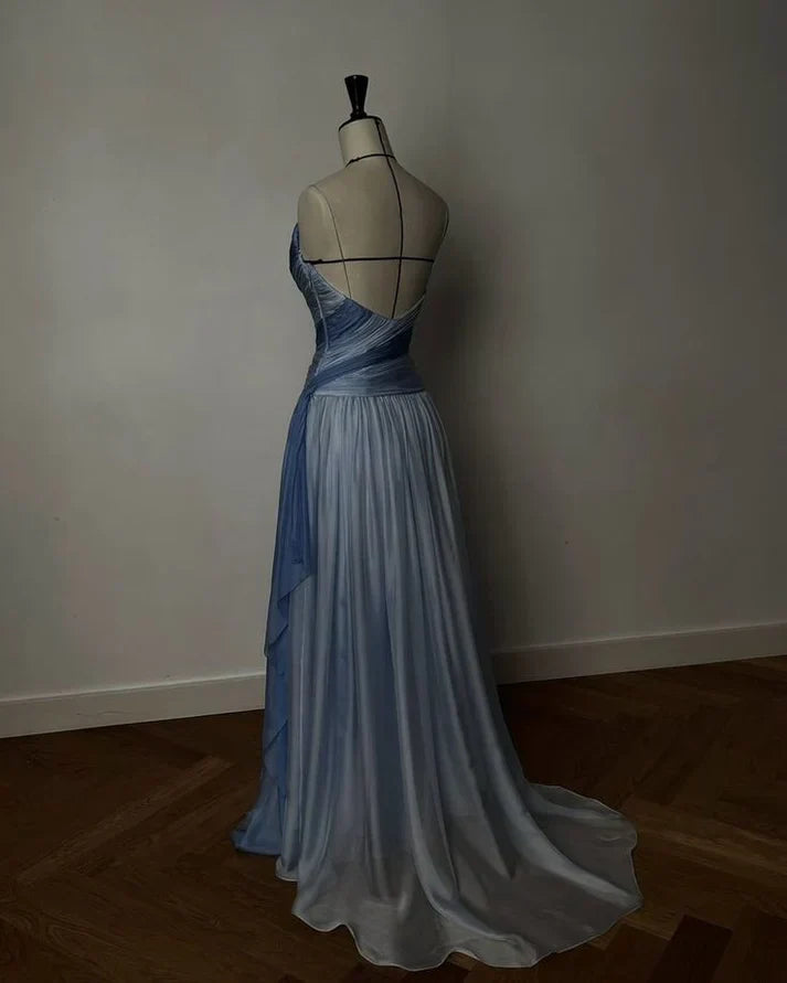 Elegant Blue Gradient A-line V-neck Spaghetti Strap Pleated Tulle Long Prom Dress Evening Dress