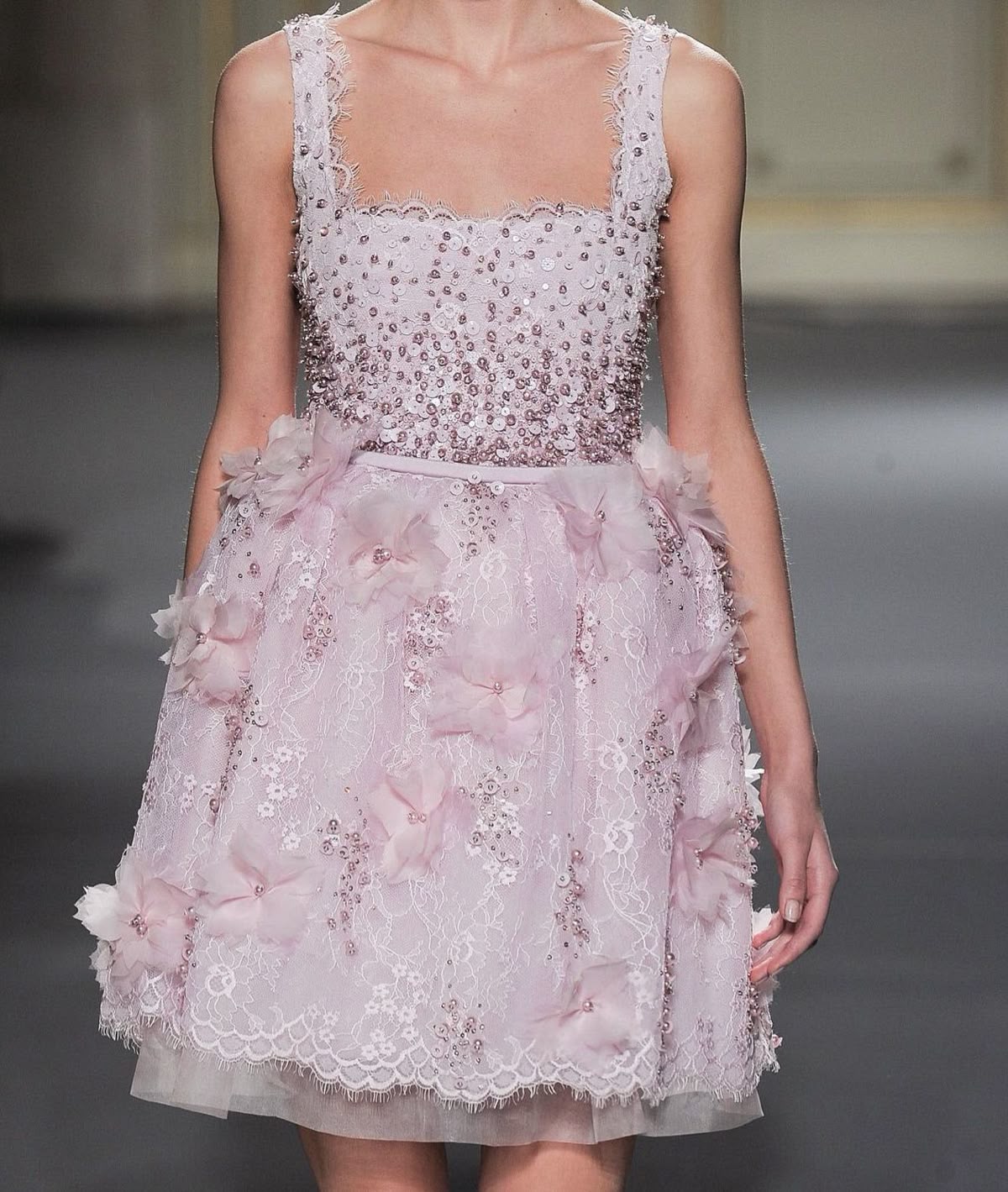 Sweet Light Pink Square Neck 3D Flower Sequin Lace Birthday Party Homecoming Dress - View 2 | VelvetHem
