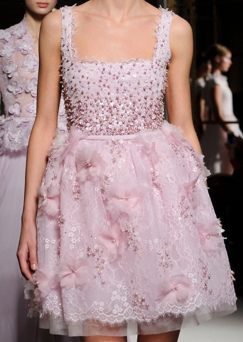 Sweet Light Pink Square Neck 3D Flower Sequin Lace Birthday Party Homecoming Dress - View 3 | VelvetHem