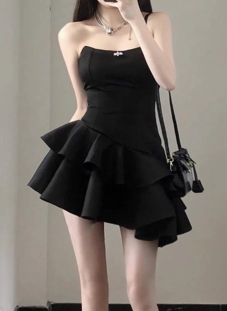Elegant Black Satin Tube Top Irregular Birthday Tutu Homecoming Dress - VelvetHem