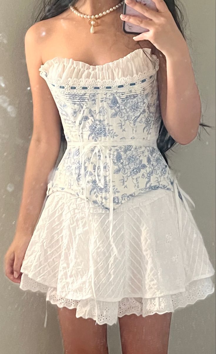 Sweet White And Blue Printed Lace Waist A-line 16th Birthday Homecoming Dress - View 2 | VelvetHem