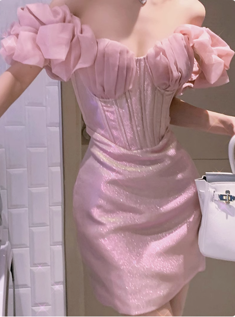 Shiny Pink French Puff Sleeve Herringbone Hip 17th Birthday Homecoming Dress - VelvetHem