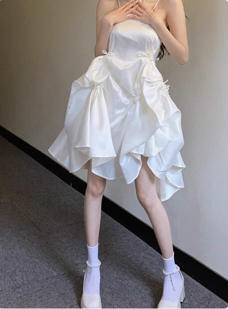 Sweet Satin Tube Top Strap Irregular Puffy Birthday Dress Homecoming Dress - View 2 | VelvetHem