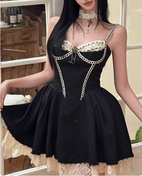 Sexy Herringbone Suspenders Satin Lace Trim A-line Birthday Dress Homecoming Dress - View 4 | VelvetHem