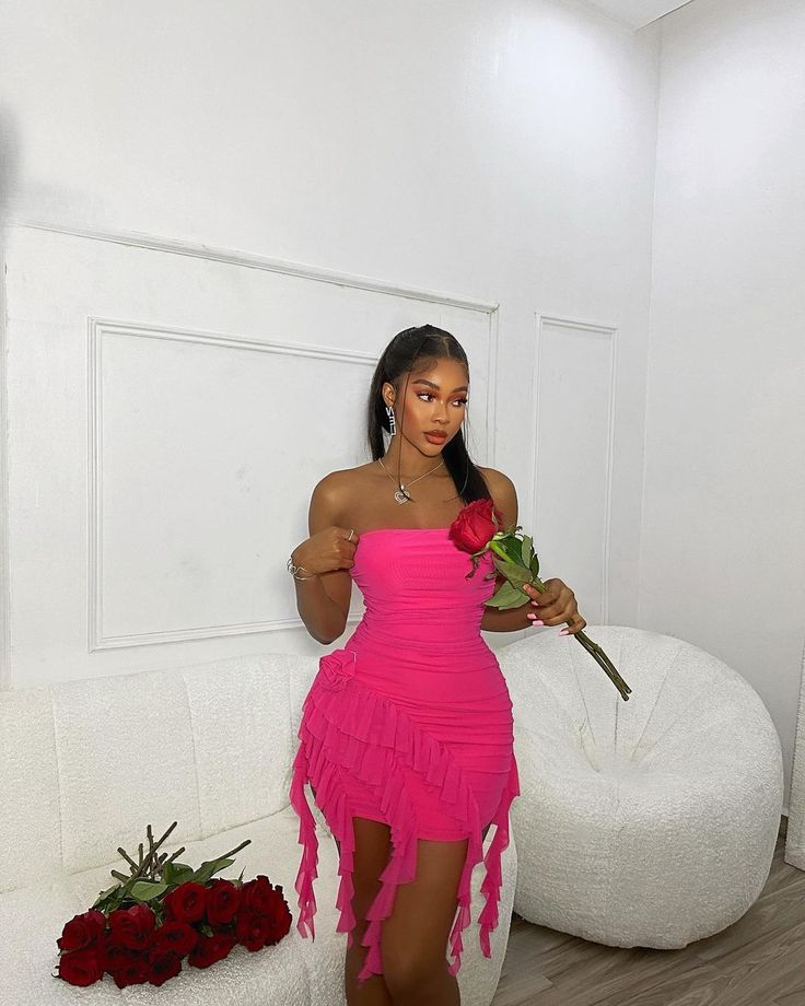 Sexy Pink Tube Top Ruffle Tight Hip 17th Birthday Homecoming Dress - View 3 | VelvetHem