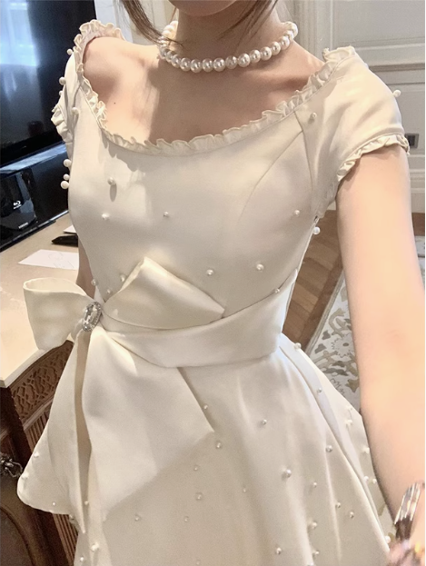 Heavy Pearl Satin Bow A-line Birthday Dress Homecoming Dress - View 3 | VelvetHem