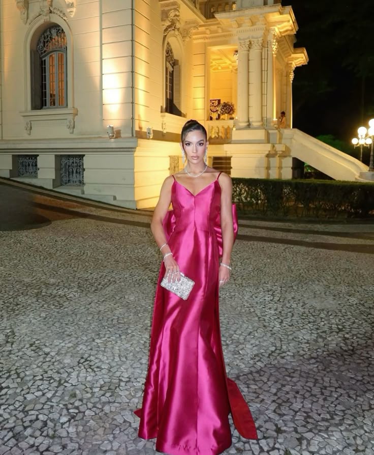 Elegant Hot Pink A-line Deep V Thin Strap Bow Satin Long Prom Dress Evening Dress - VelvetHem