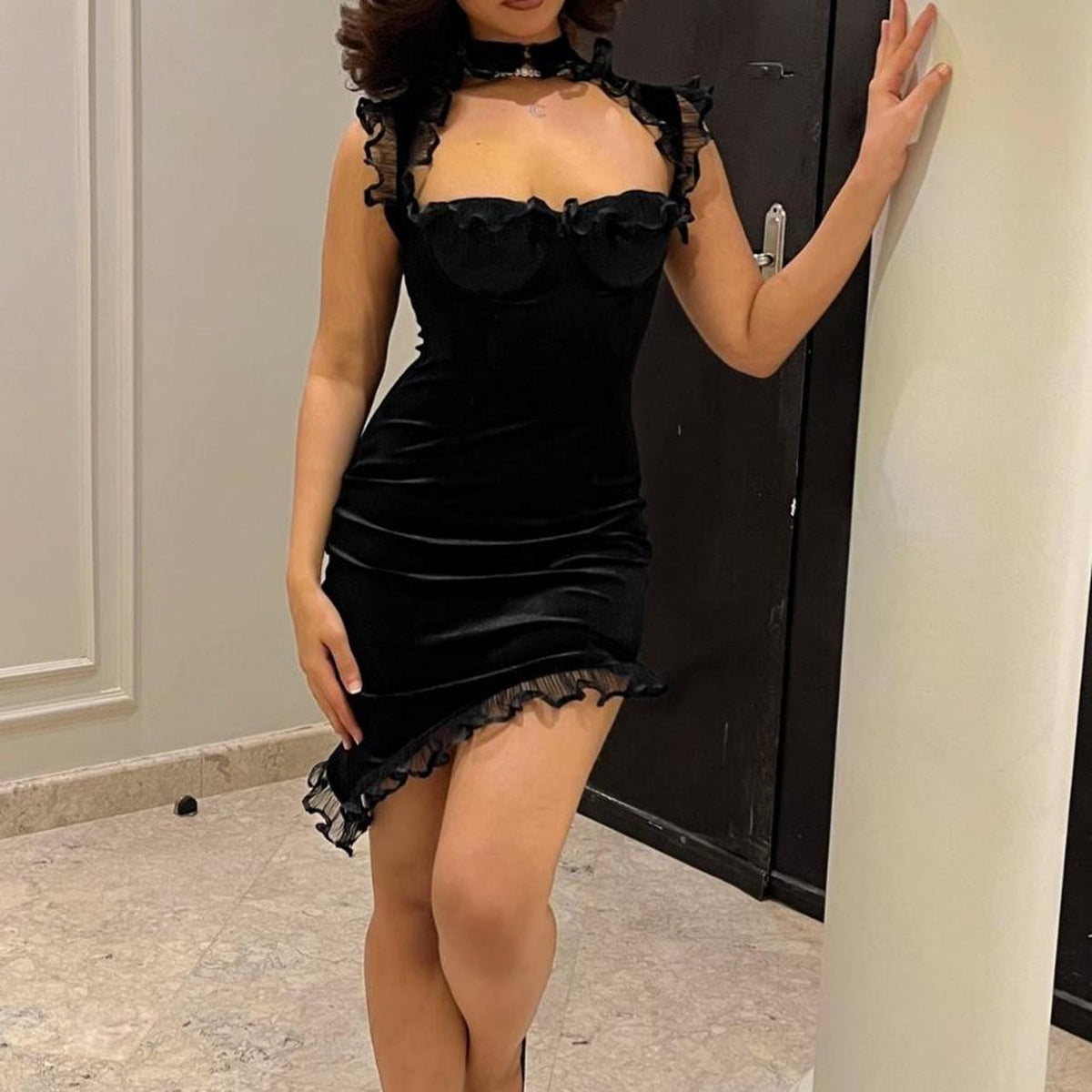 Sexy Black Velvet Ruffled Irregular 17th Birthday Homecoming Dress - View 4 | VelvetHem