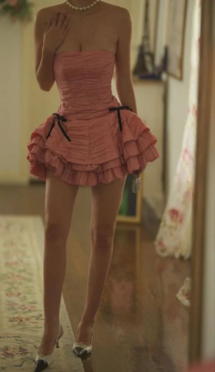 Princess Pink Tube Top Bow A-line 17th Birthday Short Skirt Homecoming Dress