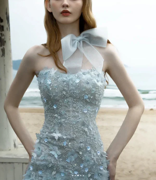 Sweet Light Blue Pearl Sequin Feather Slim Birthday Party Homecoming Dress