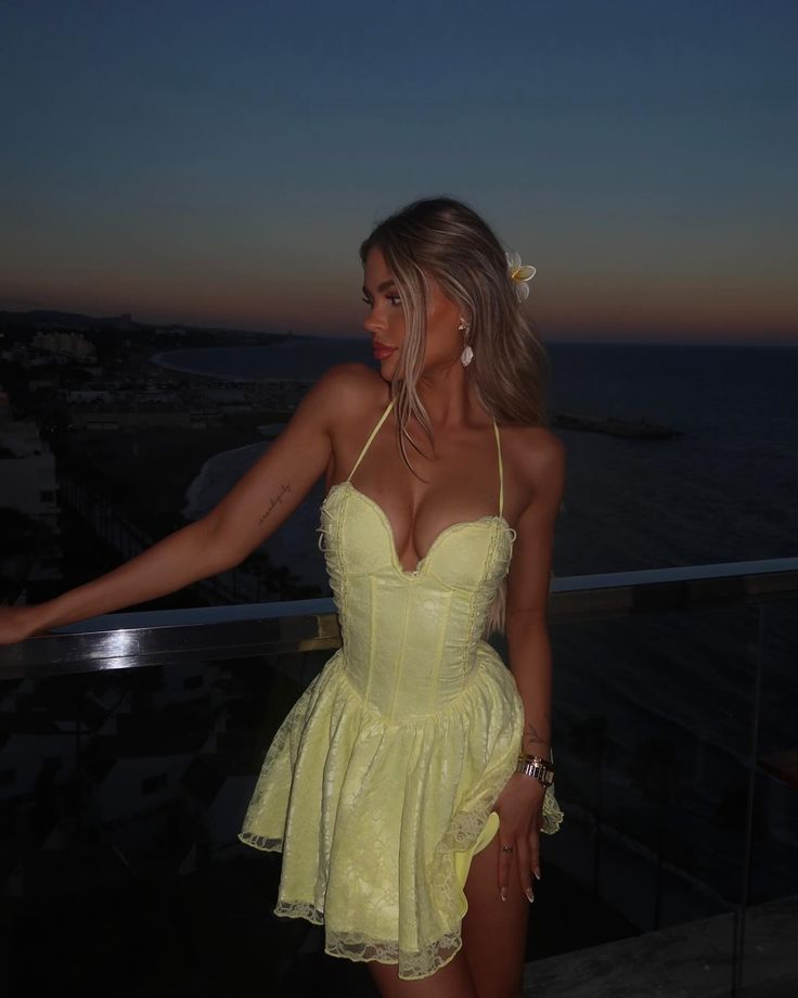 Cute Lace Halterneck Low-cut Light Yellow A-line 17th Birthday Homecoming Dress - View 2 | VelvetHem