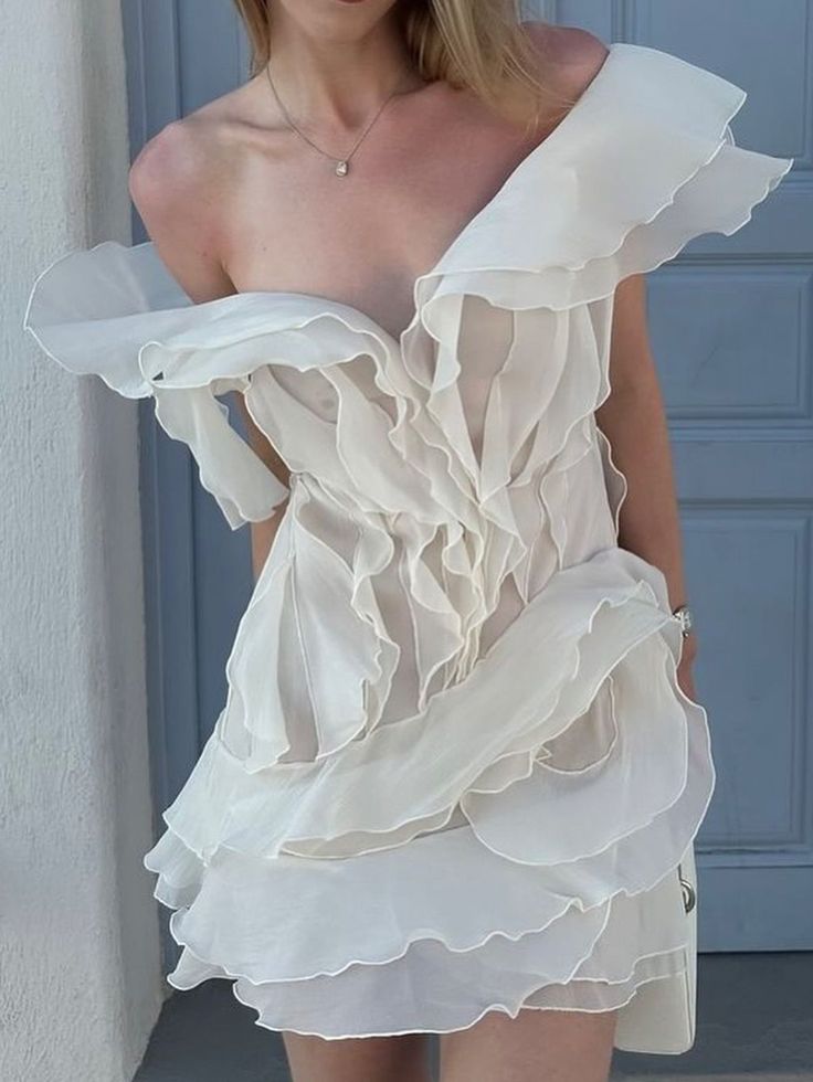 Flowy Ruffled Low-cut V-neck White Birthday Skirt Homecoming Dress - View 4 | VelvetHem