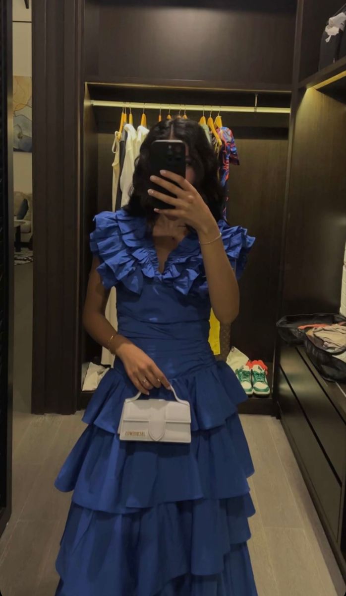 Sweet Royal Blue A-line V-neck Layered Ruffle Long Prom Dress Evening Dress - View 2 | VelvetHem