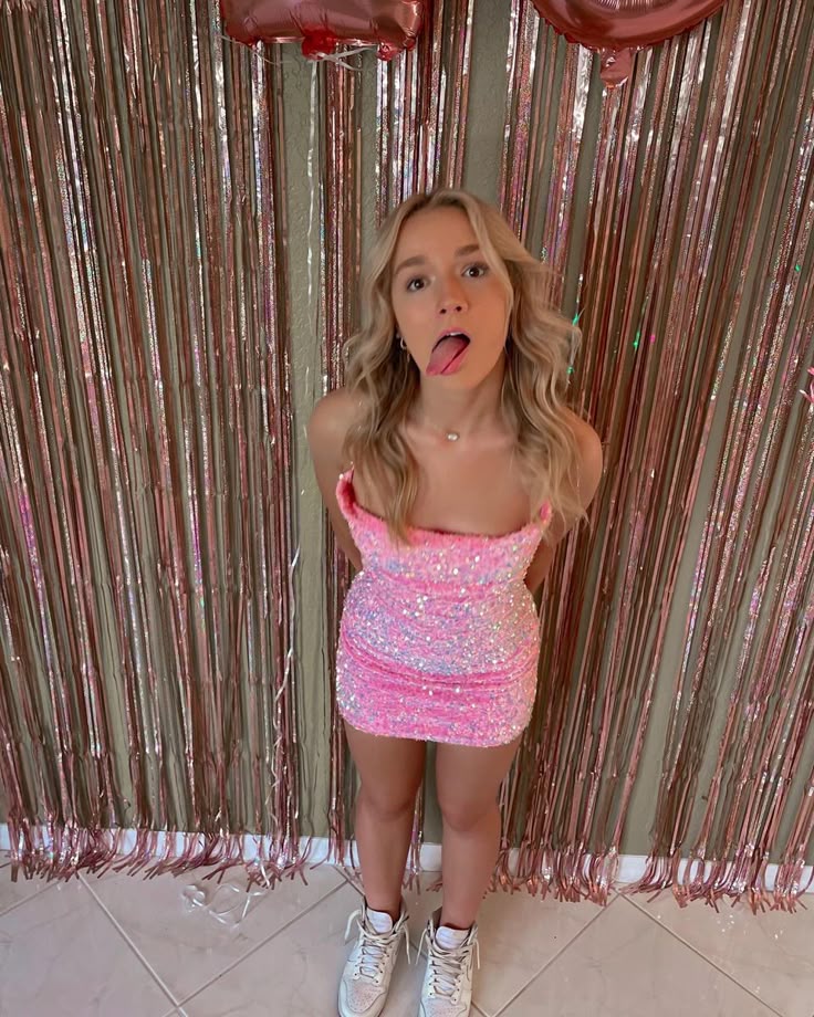 Cute Pink Sequined Tube Top With Back Straps And Hip Wrap 17th Birthday Homecoming Dress - VelvetHem