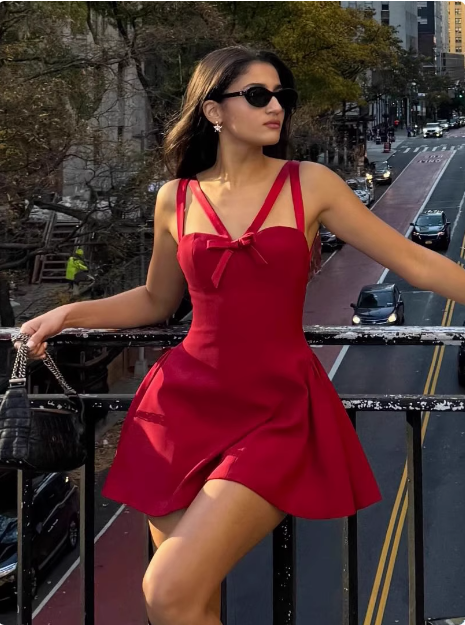 Sweet Bow Strap Red A-line 17th Birthday Short Skirt Homecoming Dress - View 2 | VelvetHem