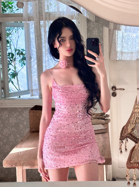 Shiny Pink Sequined Suspender Tube Top Hip 17th Birthday Homecoming Dress - VelvetHem